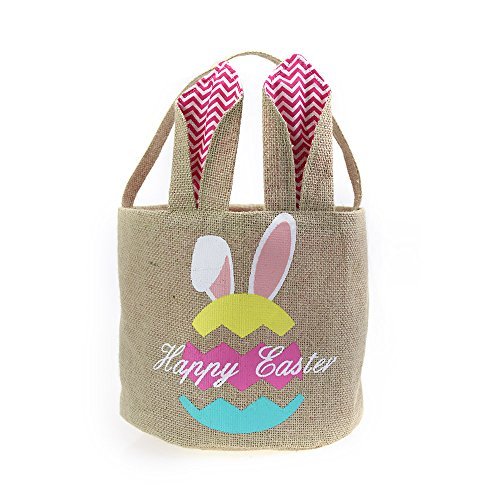 Personalized Linen Easter Bunny Basket for Kids - Rabbit Print Candy Egg Storage Bag, Easter Egg Hunt Party Favors & Decorations - Perfect for Easter Gifts, Toys & Home Decor (Pink)