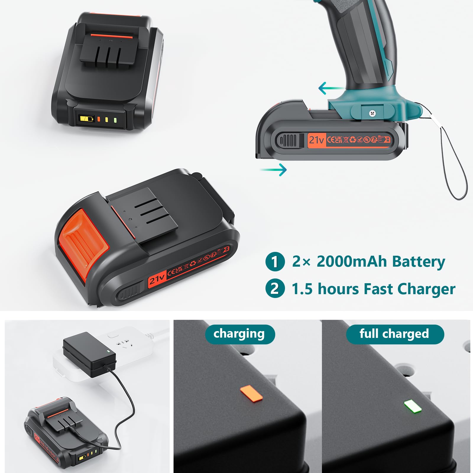 21V Cordless Drill Set with 2 Batteries & Charger - 45Nm Electric Power Drill Driver, 25+3 Torque, 2-Speed, 3/8