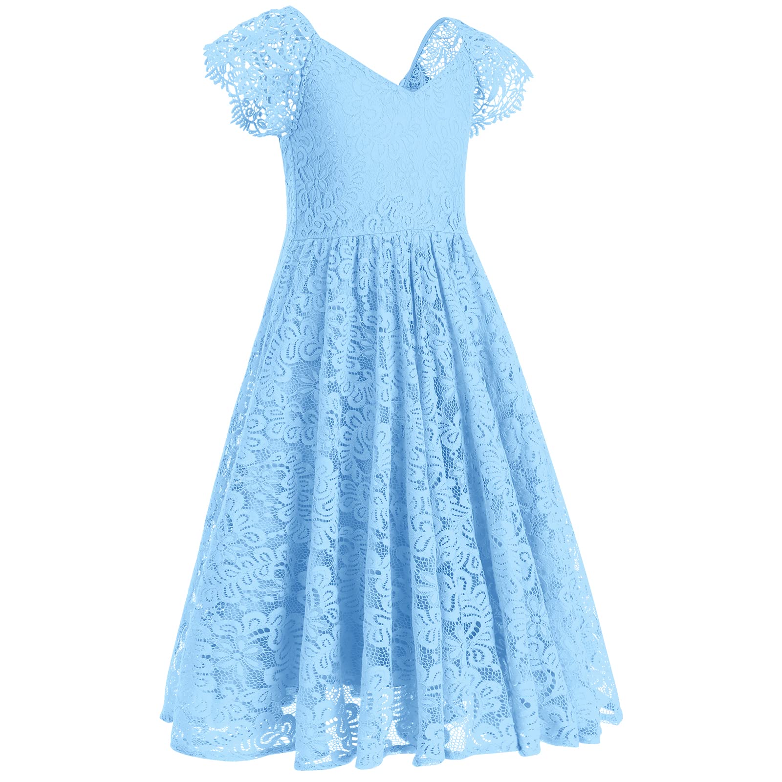 IWEMEK Lace Flower Girls Boho Dress - V Back Fly Sleeves Eyelash Lace Maxi Gown for Junior Bridesmaid, Wedding Party, Pageant, Dance, Communion, Birthday, Formal Occasions Light Blue 4-5 Years