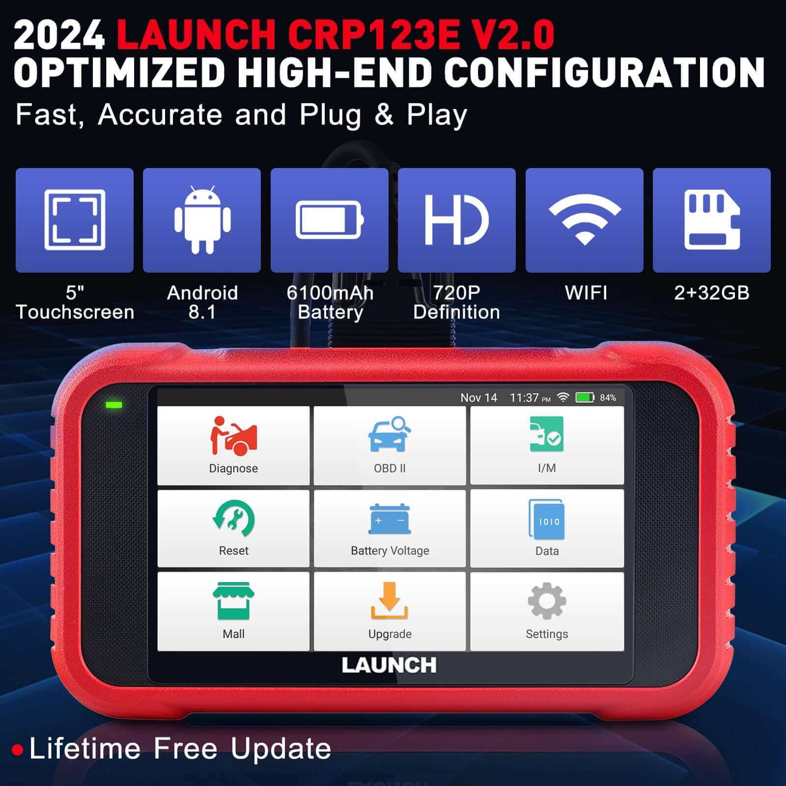 2025 Upgraded LAUNCH CRP123E V2.0 OBD2 Scanner - Professional Automotive Diagnostic Tool for Engine, ABS, SRS, Transmission | 7 Reset Functions (Oil, Throttle, SAS, BMS, EPB, DPF, ABS Bleeding) | Battery Test | FCA SGW Bypass | Lifetime Free Updates | Perfect for Mechanics & DIY Car Repair