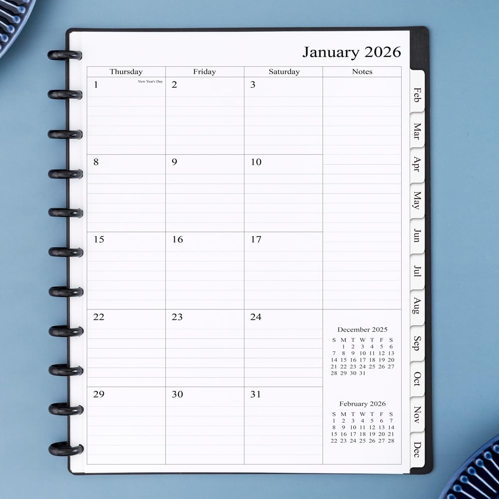 Newestor 2025-2026 Monthly Planner Refill for 11-Discbound Notebooks | Apr 2025-Dec 2026 | 2 Pages Per Month | Letter Size 8.5