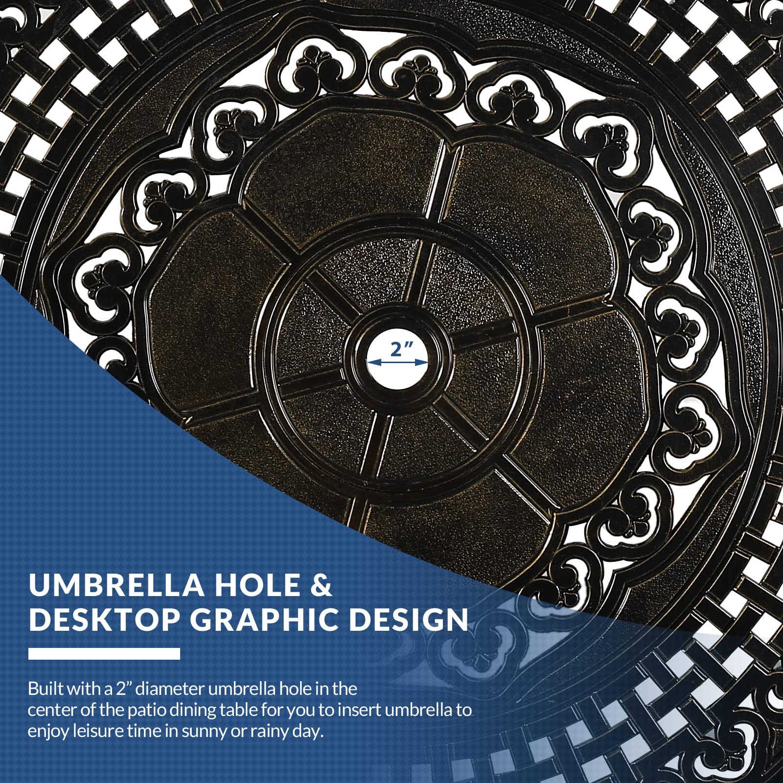 38.5 Inch Round Outdoor Dining Table - Bronze Cast Aluminum Rustic Patio Table with Umbrella Hole | Perfect for Backyard, Garden, Poolside & BBQ Gatherings