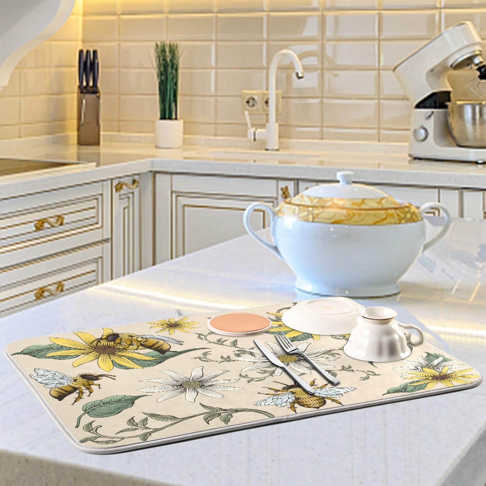 Retro Honey Bees and Flowers Dish Drying Mat - 18x24 Inch Soft, Foldable, Absorbent Kitchen Countertop Pad | Perfect for Drying Dishes, Utensils, and Protecting Countertops