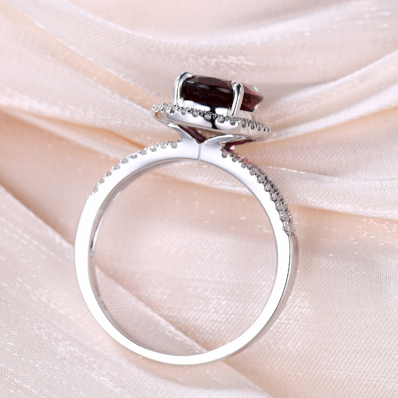 8X10mm Oval Cut Garnet Engagement Ring in White Gold with Diamond Halo & Split Shank Wedding Band - Perfect for Proposals, Anniversaries & Bridal Jewelry