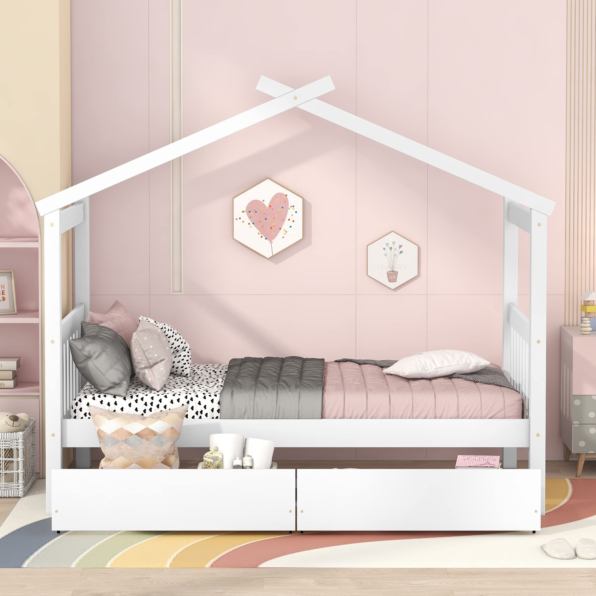 Harper & Bright Designs Twin Size Wooden House Bed Frame with Storage Drawers - Roof Design for Kids, Boys & Girls - Perfect for Bedrooms, Playrooms & Sleepovers (White)
