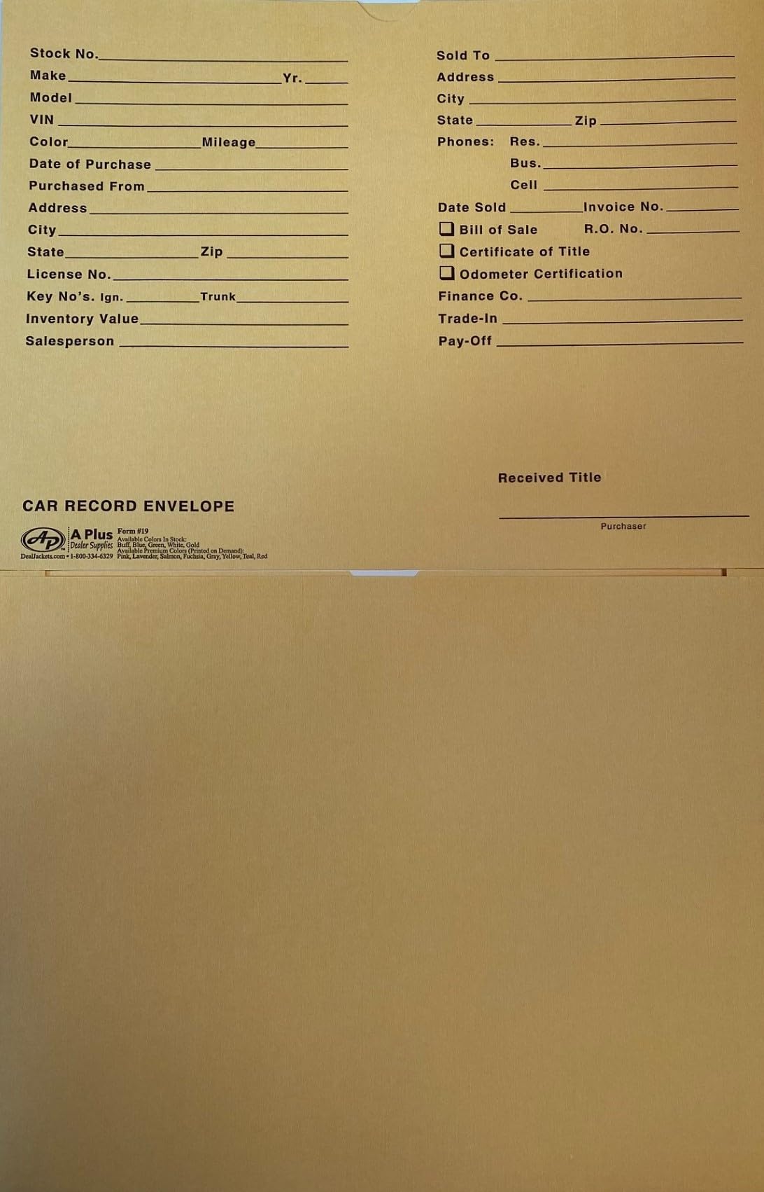 A Plus Vehicle Dealer Envelopes - #19 Buff Deal Jackets (200 Pack) - W3 Size - Perfect for Auto Dealerships, DMV Documents & Vehicle Title Storage