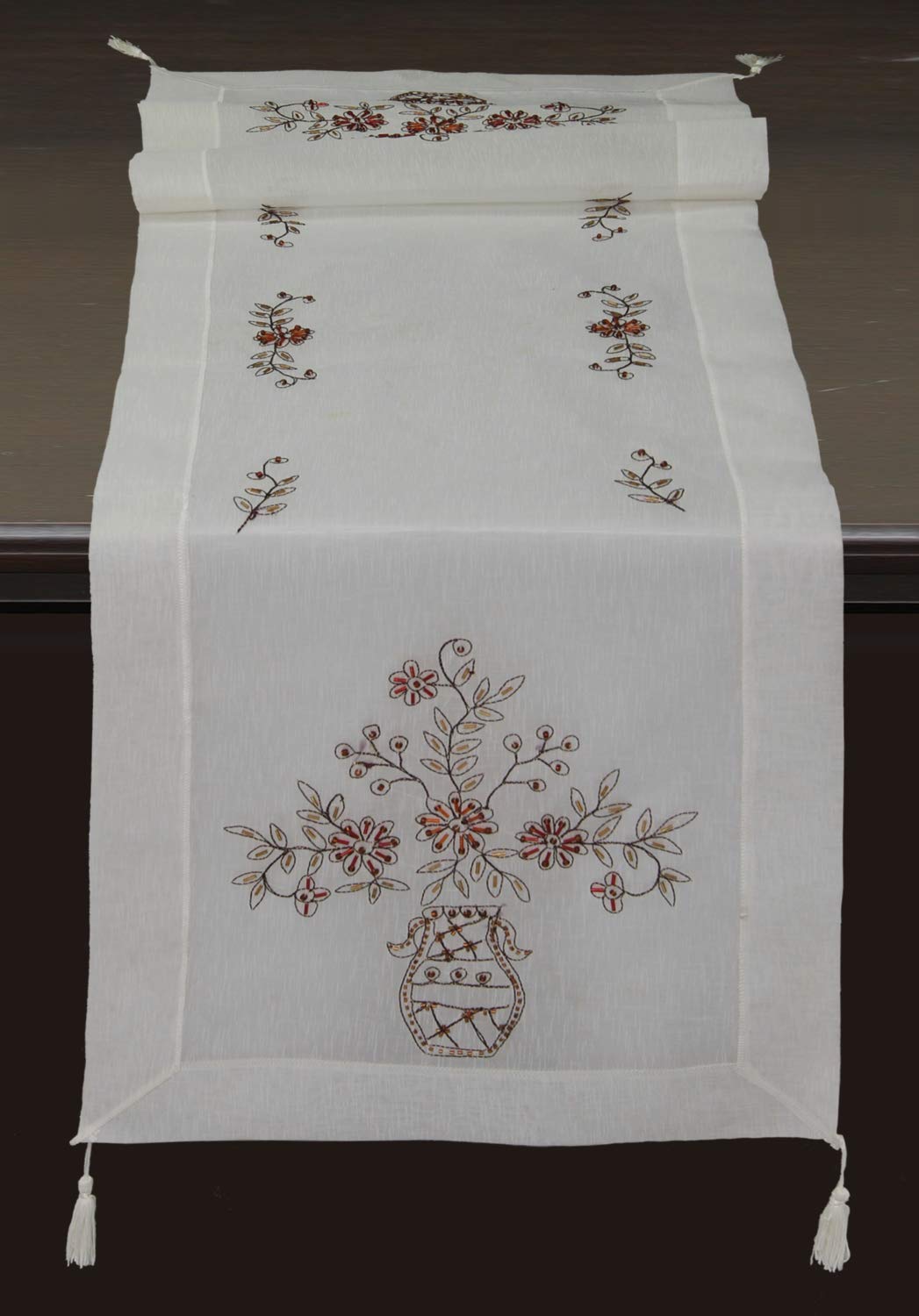 Handmade Beaded Daisy Vase Table Runner with Tassels - Ivory Linen Dresser Scarf 16x53 - Elegant Home Decor for Dining Table, Buffet, and Wedding Decorations