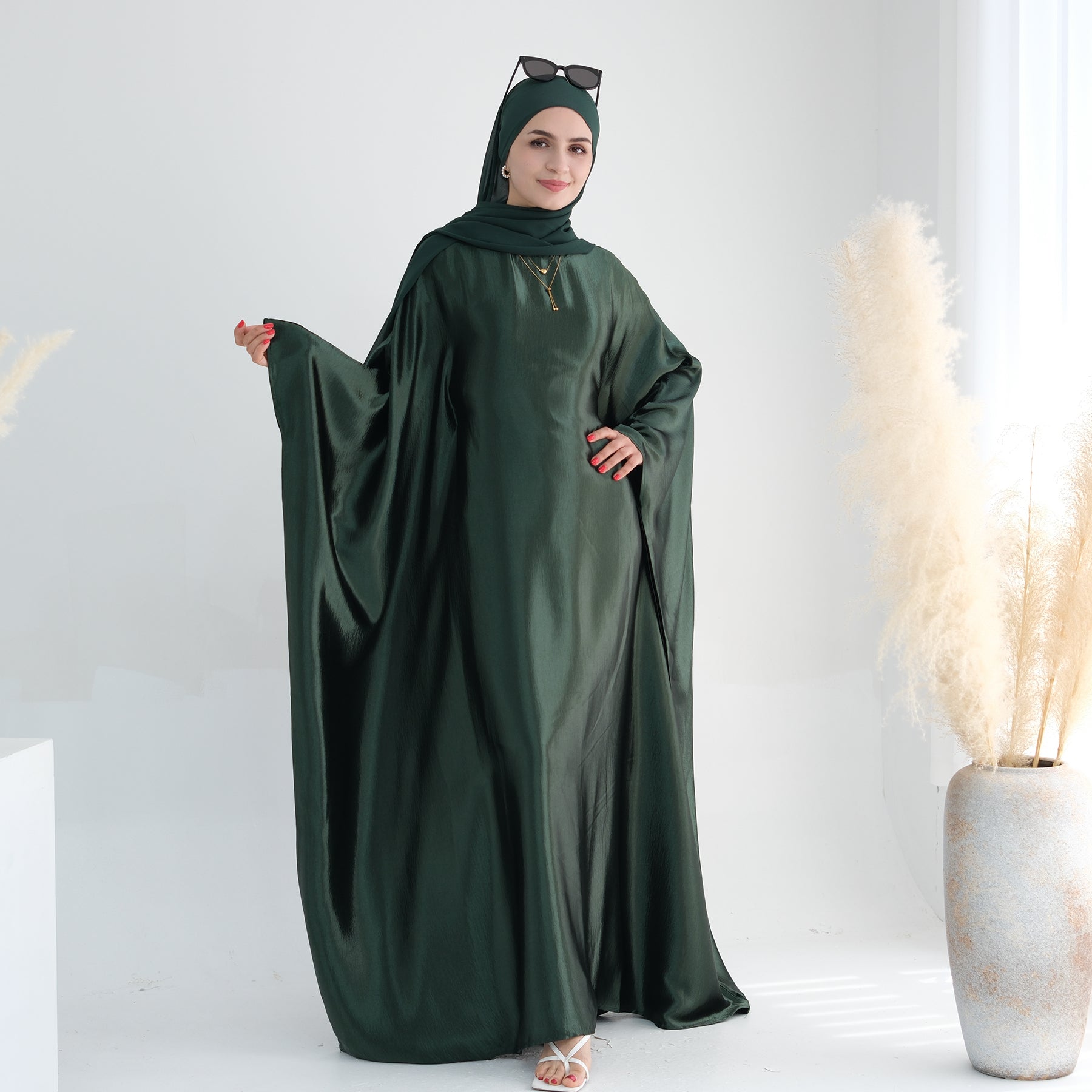 Elegant Alisha Butterfly Satin Abaya Dress for Women - Modest Islamic Prayer Gown - Perfect for Eid, Ramadan, and Special Occasions
