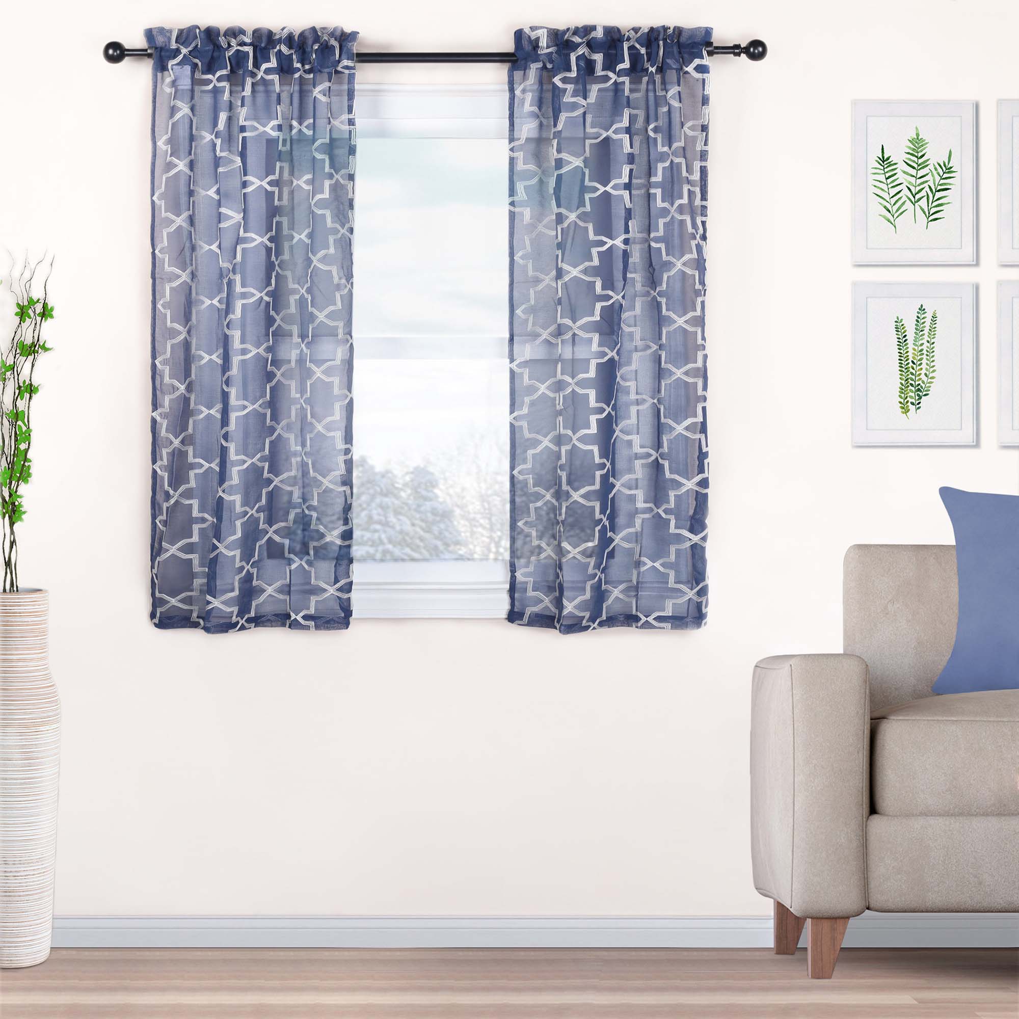 Embroidered Quatrefoil Semi-Sheer 2-Piece Curtain Panel Set - Elegant Window Treatment for Living Room & Bedroom Decor