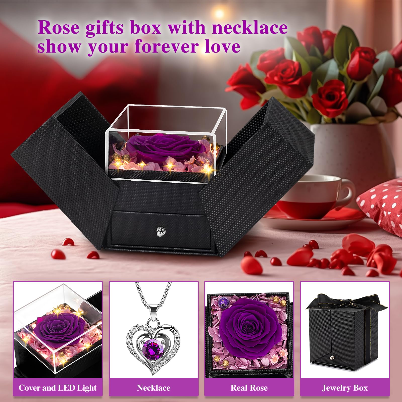 Eternal Preserved Real Rose Gift for Women - Purple Rose in Glass Box, Perfect Christmas, Birthday, Anniversary Gift for Wife, Girlfriend, Mom, Grandma | Romantic Home Decor, Wedding Centerpiece, Valentine's Day Surprise