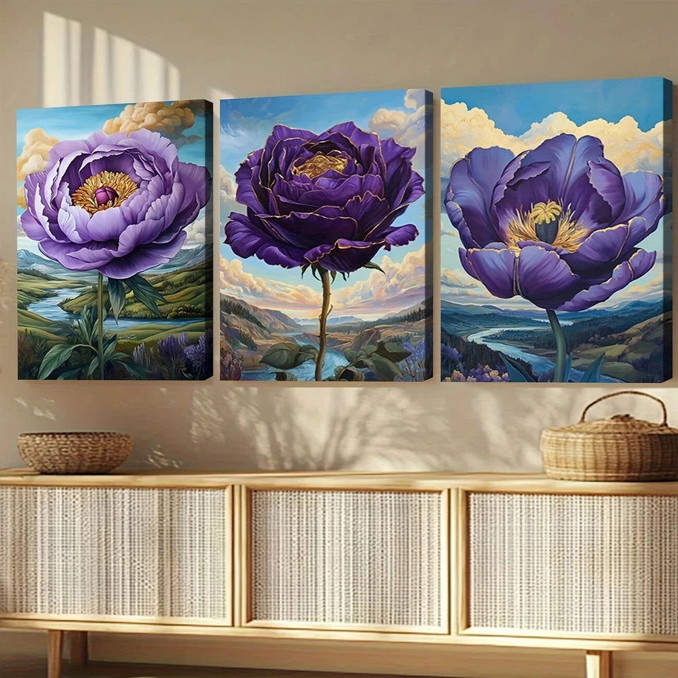 3-Piece Abstract Purple Flowers and Blue Sky Wall Art Set - Framed Canvas Prints 40x60cm (16x24in) - High Quality Australian Made Ready-to-Hang Home Decor for Living Room, Bedroom or Office