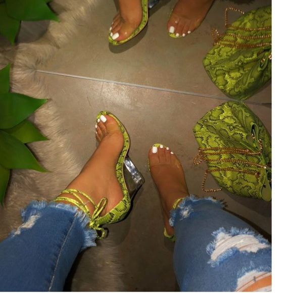 Lorna Lime Green Snake Print Wedge Heels for Women - Stylish Comfortable Chunky Heels for Party, Night Out, and Special Occasions