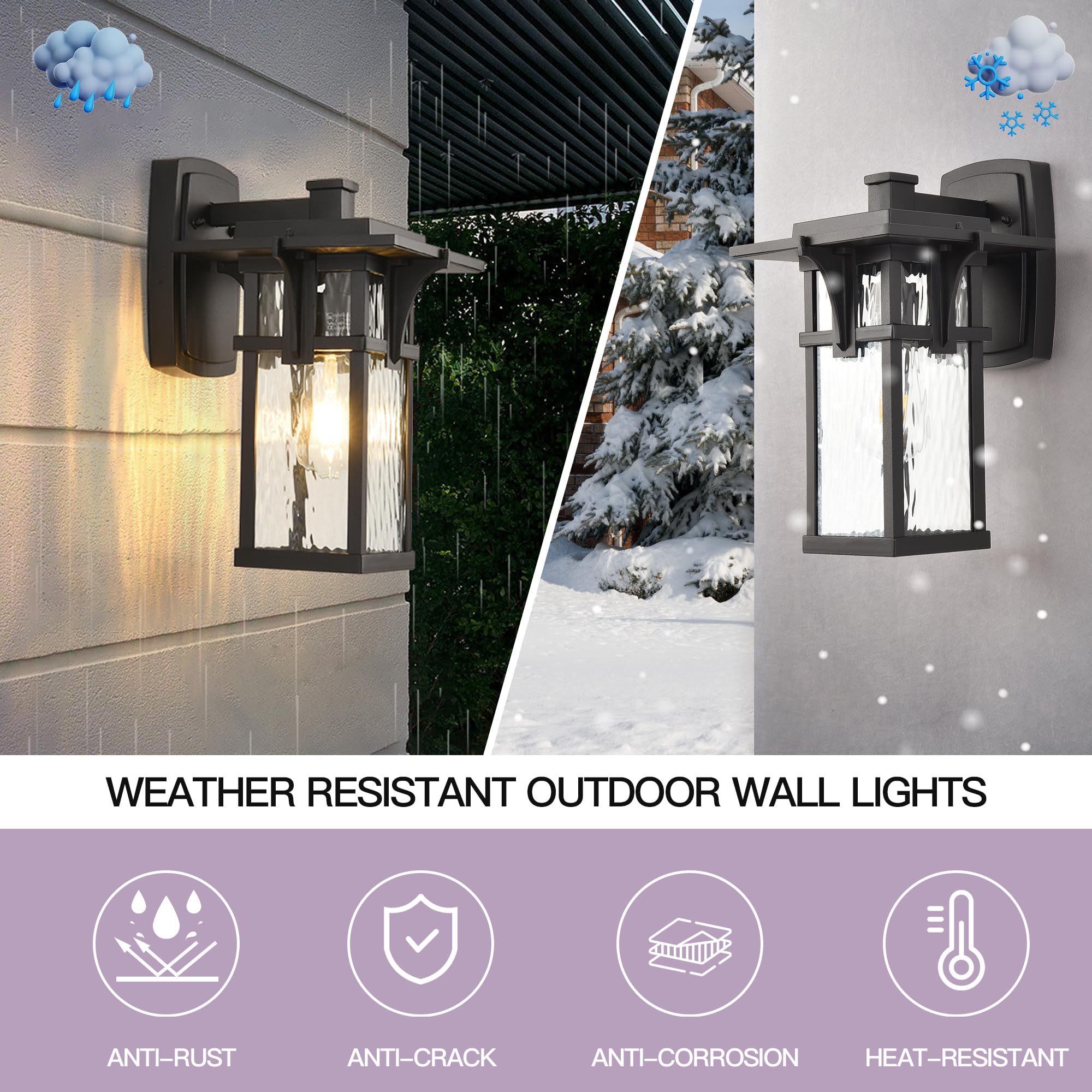Outdoor Wall Mount Lights - Large Waterproof Black Exterior Porch Light Fixture with Rippled Glass - Perfect for Patio, Garage, Entryway & House Exterior Lighting | Weather-Resistant Outdoor Sconces for Home & Garden