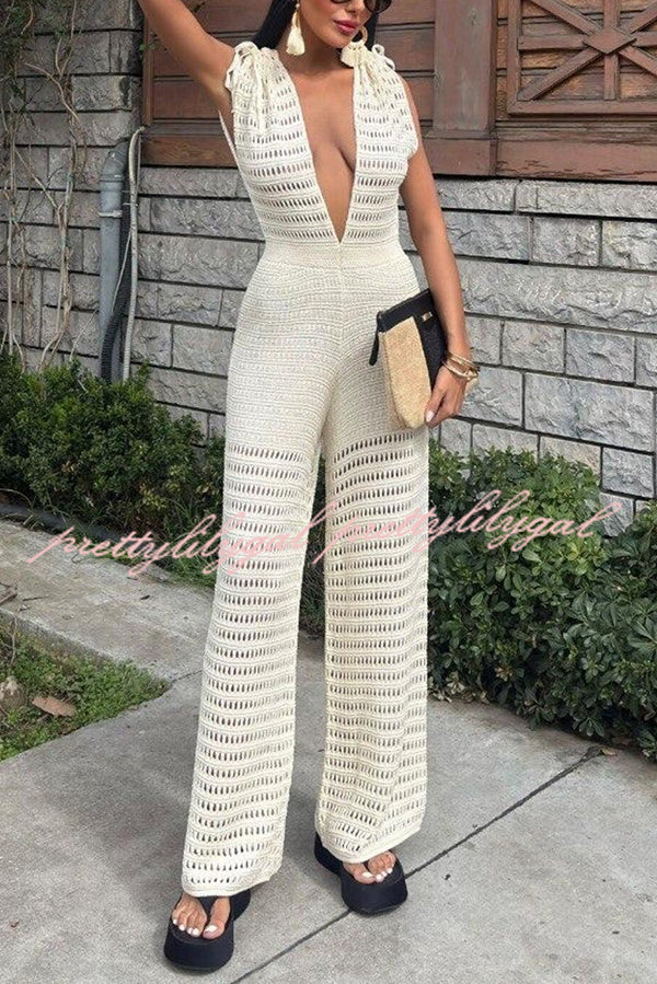 Stylish Solid Color Knitted V-Neck Casual Jumpsuit for Women | Holiday & Everyday Wear | Perfect for Beach, Party, and Office Outfits