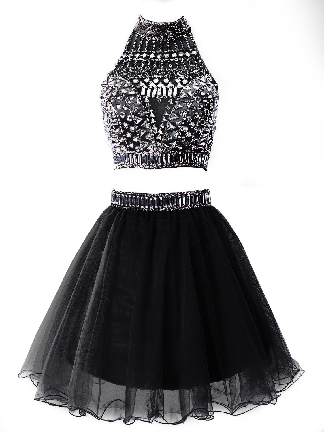 Elegant Women's Tulle Crystal Beaded Prom Dress - Short Ball Gown Two Piece Set for Homecoming, Party & Special Occasions