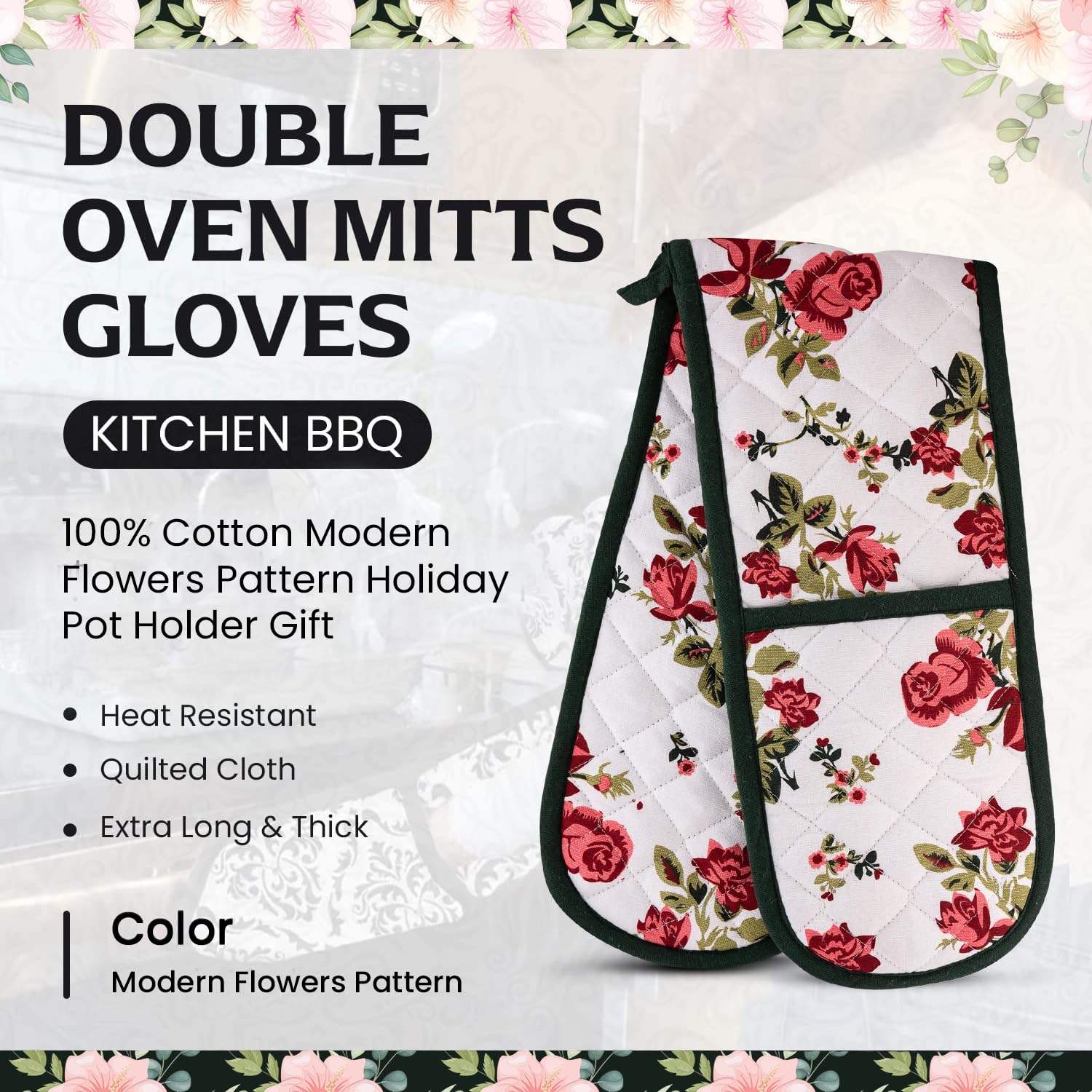 Heat Resistant Double Oven Mitts - Extra Long & Thick Quilted Cotton Gloves with Pretty Red Rose Pattern - Perfect for BBQ, Baking, Cooking & Kitchen Safety (1 Piece)