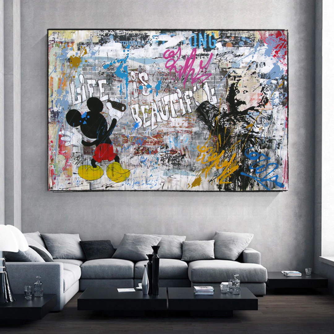 Banksy Life is Beautiful Mickey Mouse Canvas Wall Art Print - Pop Art Home Decor for Living Room, Bedroom & Office