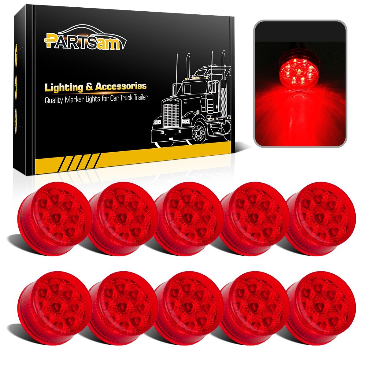 Partsam 10Pcs 2 Inch Round Red 9LED Side Marker Lights with Reflectors - Waterproof 12V Clearance Lights for Truck, Trailer, RV & Tractor (Ideal for Night Driving & Road Safety)