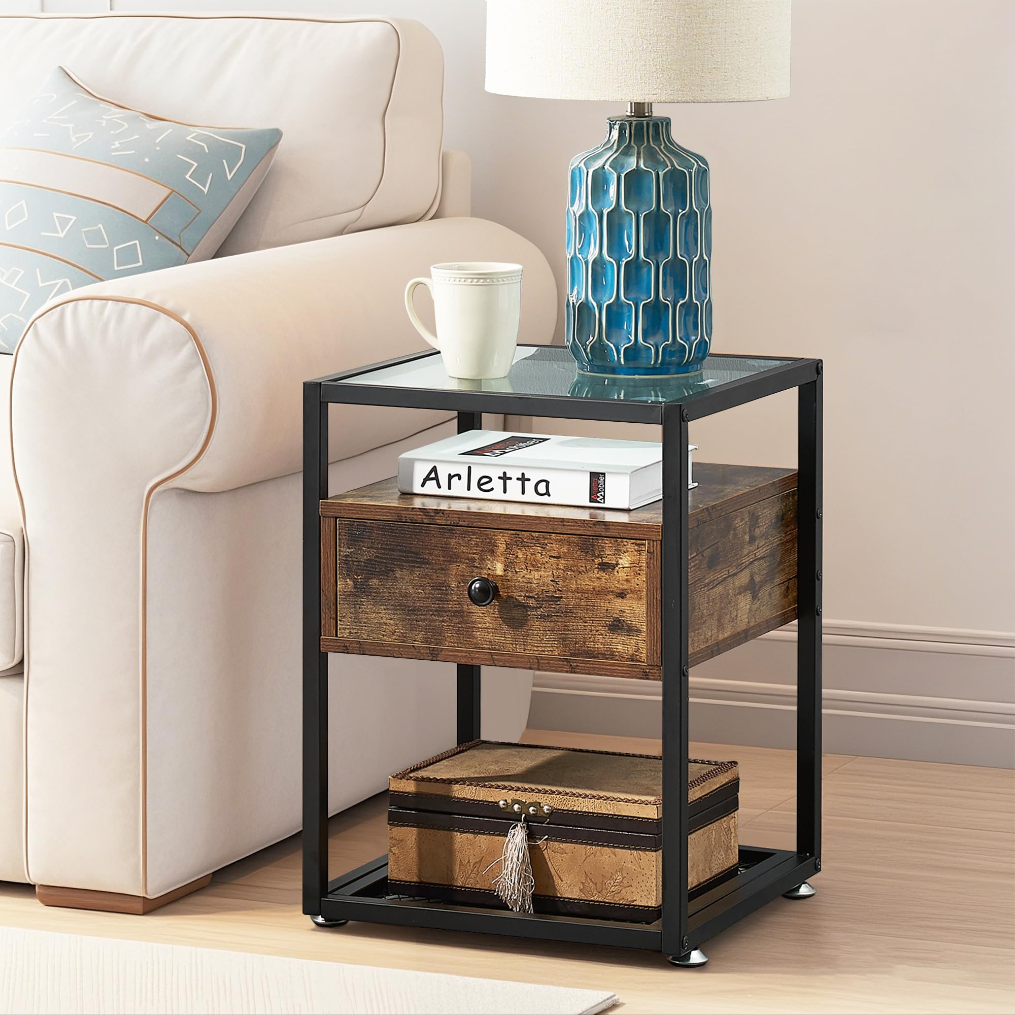 VECELO Set of 2 Nightstands with Glass Top, Drawer and Shelf - Modern End Tables for Bedroom, Living Room, Lounge - Brown Wooden Side Tables (Perfect for Small Spaces, Apartment Furniture & Home Decor)