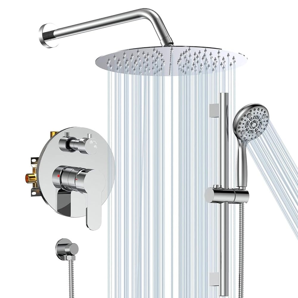 SR SUN RISE 3-Function Round Shower System with Adjustable Slide Bar & 6-Setting Handheld Shower Head - 12 Inch Wall Mounted Bathroom Faucet Set with Valve in Polished Chrome - Perfect for Modern Home Bathroom Renovation and Spa-Like Shower Experience