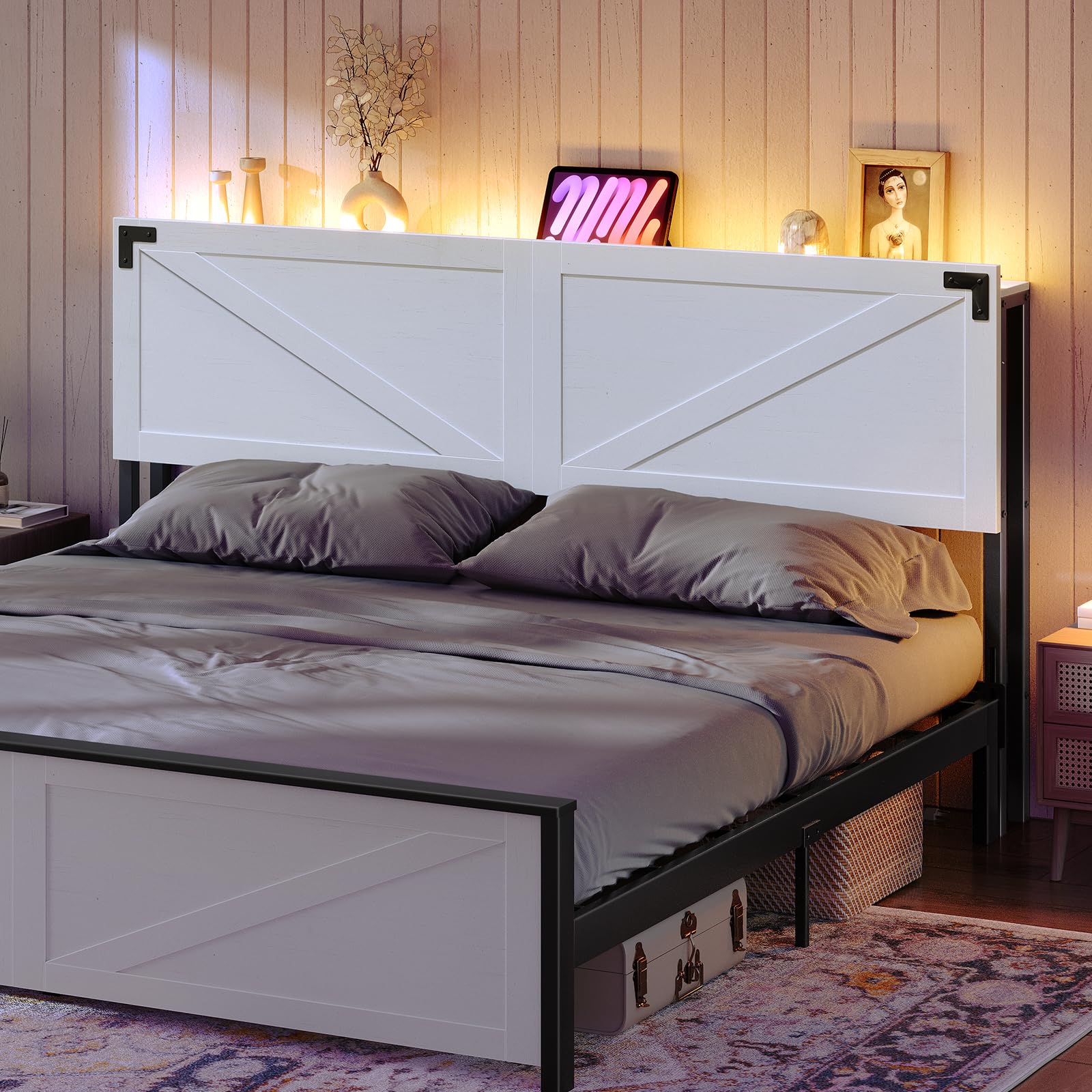 King Size Headboard with 2 Outlets & 4 USB Ports - Farmhouse Style LED Headboard with Secure Storage & Bed Frame Adapter - White & Black - Perfect for Bedroom Upgrade & Modern Home Decor