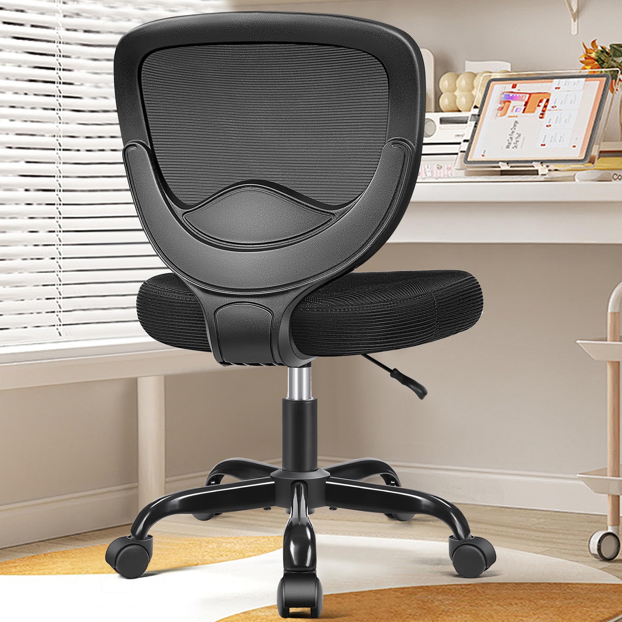 Ergonomic Mesh Office Chair - Adjustable Height Swivel Computer Desk Chair with Rolling Wheels & Lumbar Support - Armless Task Chair for Home Office, Bedroom, or Study - Black (Perfect for Long Work Sessions, Gaming, and Remote Learning)