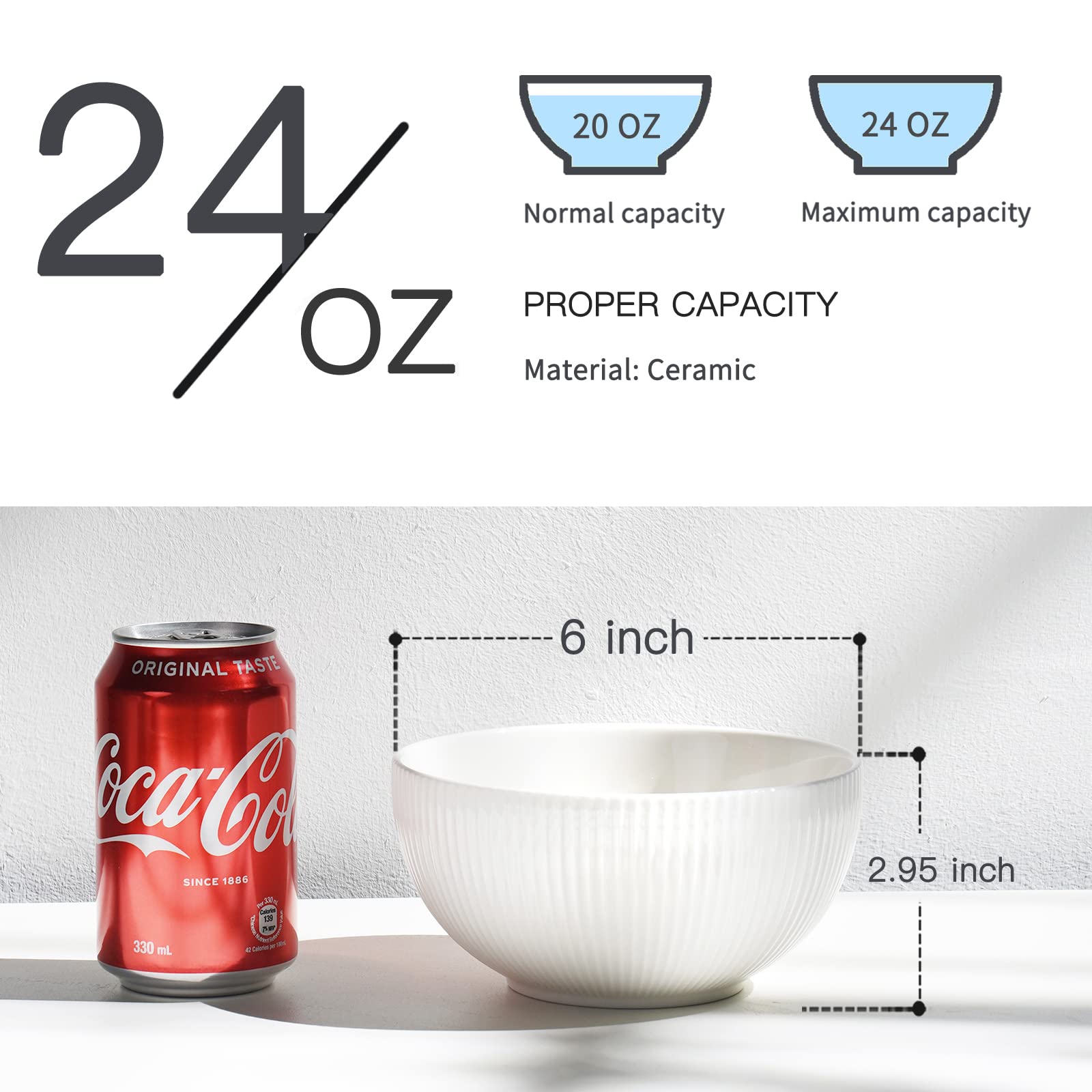 Getstar 4-Piece Ceramic Bowl Set - 6 inch 24oz Microwave Safe Porcelain Bowls for Soup, Cereal, Salad, Rice & Ramen - Perfect for Kitchen, Dining & Meal Prep (White)
