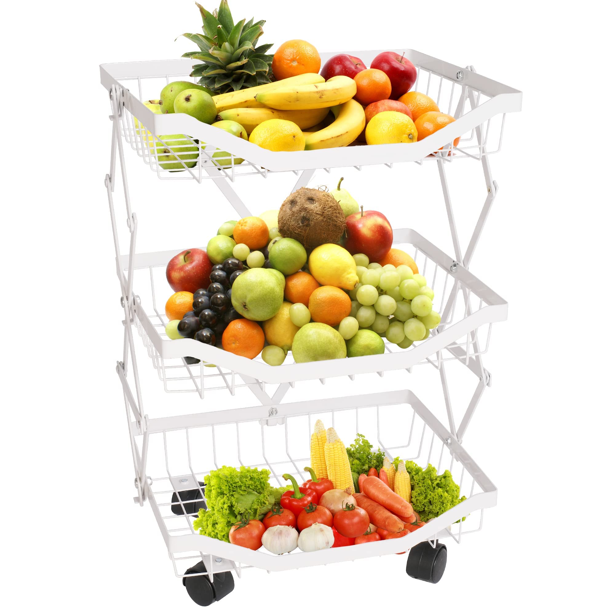 3-Tier Metal Wire Fruit Basket Organizer with Wheels - Foldable Kitchen Storage for Fruits & Vegetables - White - Perfect for Kitchen, Bathroom, Living Room & Bedroom Organization