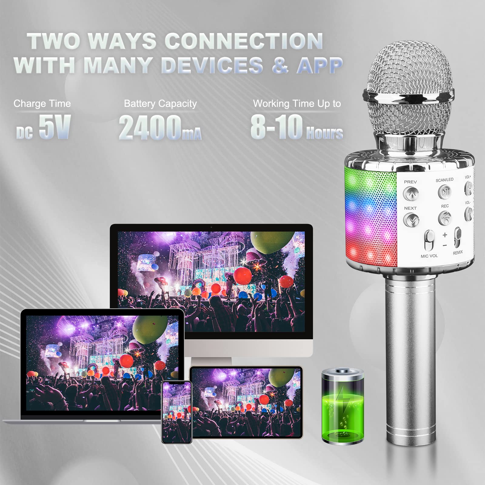 4-in-1 Wireless Karaoke Microphone with LED Lights - Portable Bluetooth Mic for Kids & Adults - Perfect Gift for Boys, Girls & Music Lovers (Silver) - Ideal for Home Singing, Parties & Travel Entertainment