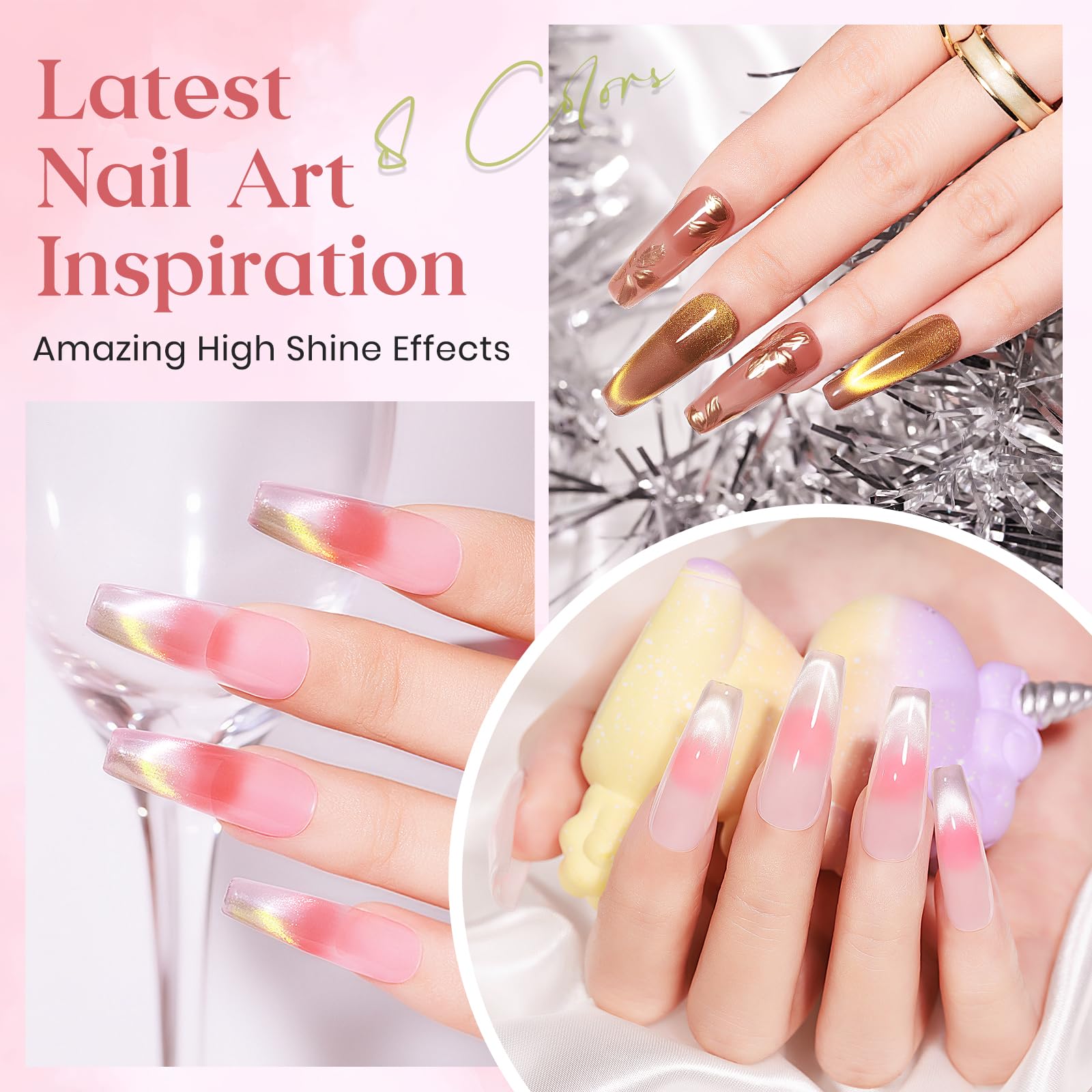 MIZHSE Jelly Gel Nail Polish Set - 12 Classic Cat Eye Gel Colors (Gold, Silver, Nude Pink, Brown) with Glitter & Magnet for Salon-Quality Manicures | Soak Off UV/LED Gel Polish Kit for Home & Professional Use | Perfect Gift for Nail Lovers & DIY Manicure Enthusiasts