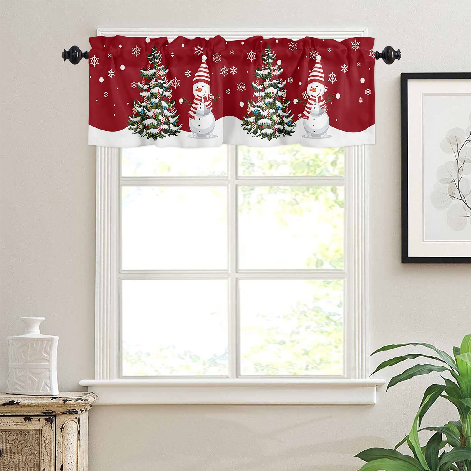 Christmas Snowman & Xmas Tree Valance Curtains 54x18 Inch - Snow-Themed Kitchen Window Valances with Rod Pocket for Bedroom, Living Room & Bathroom | Festive Holiday Decor for Small Windows