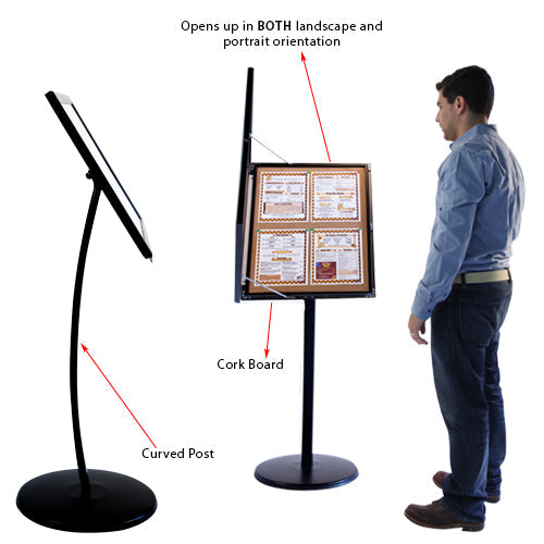 Lockable Rotating Cork Board Menu Stand - Tilted Floor Sign Holder for 8.5” x 11” Menus, Posters & Signs (Displays 4 Items) - Perfect for Restaurants, Cafes & Retail Stores