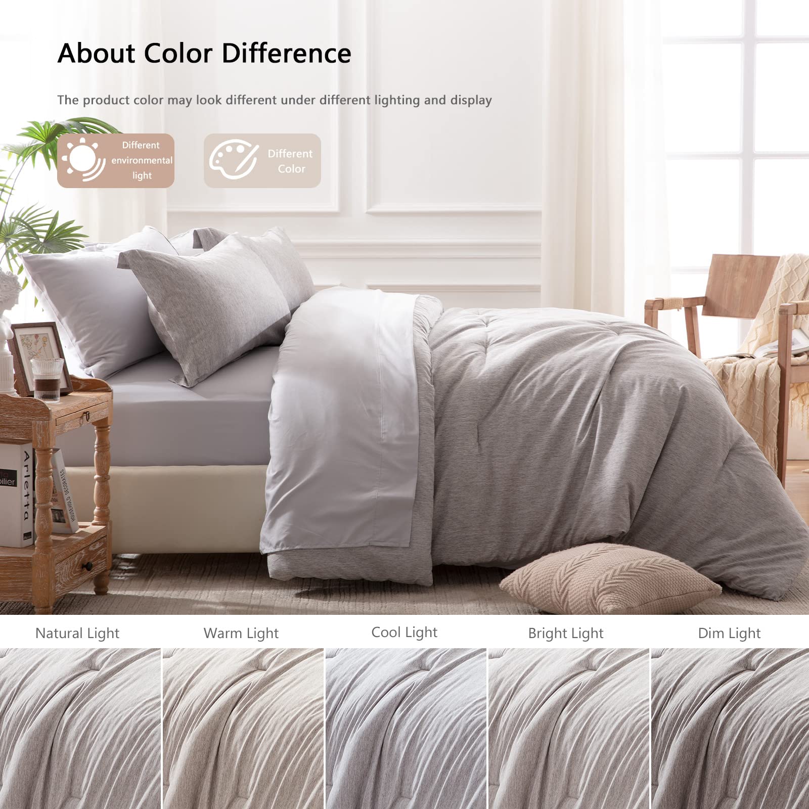 UNILIBRA 7-Piece Queen Comforter Set - All Seasons Soft Grey Bedding Collection with Comforter, Sheets & Pillowcases | Cationic Dyeing Technology | Perfect for Master Bedroom, Guest Room & Dorm Decor