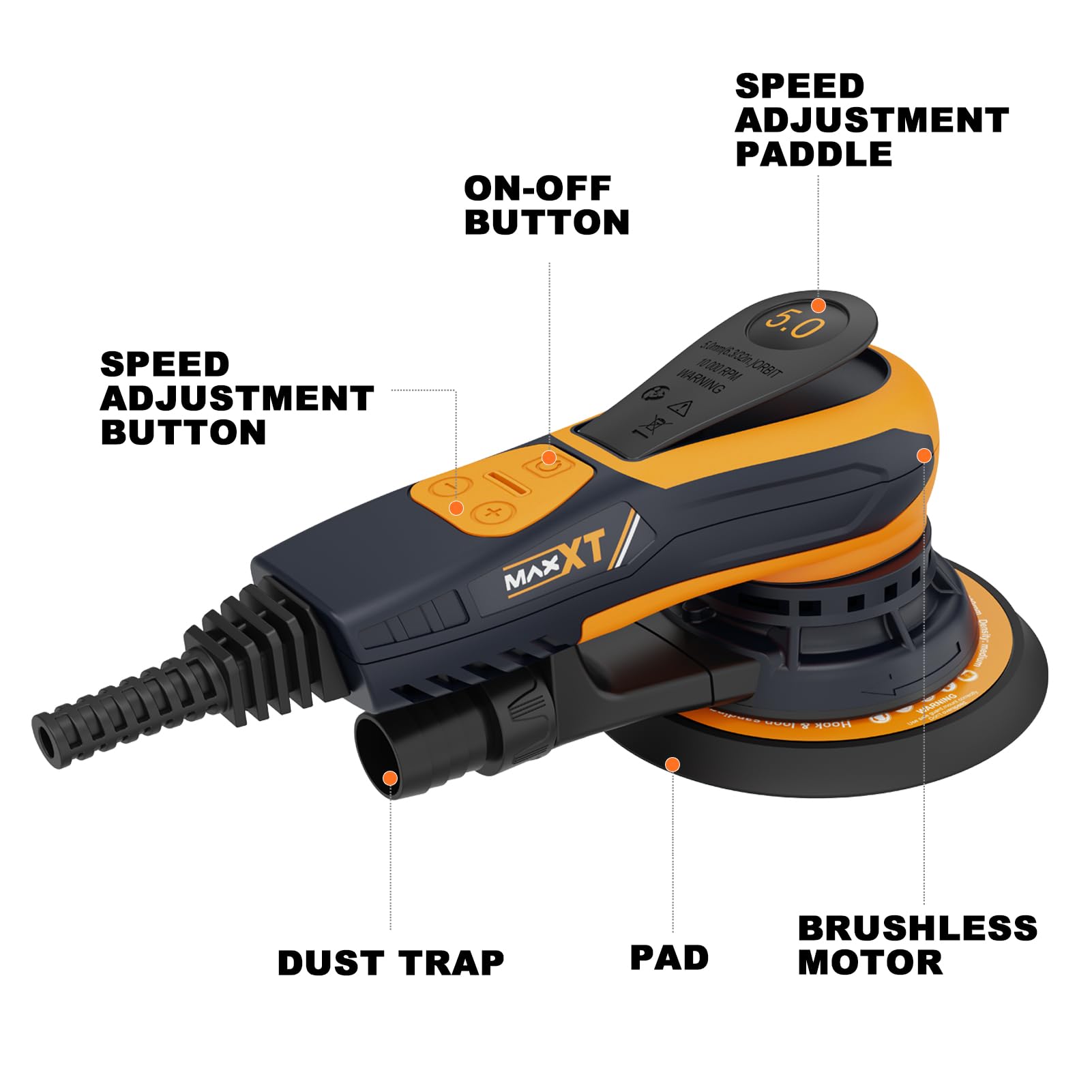 MAXXT Electric 5mm Random Orbital Sander with Brushless Motor - 5 & 6 Inch Sanding Pads, Central Vacuum System - Ideal for Woodworking, Primary Wood & Panel Processing (Orange) - Perfect for DIY Projects, Furniture Refinishing & Surface Preparation