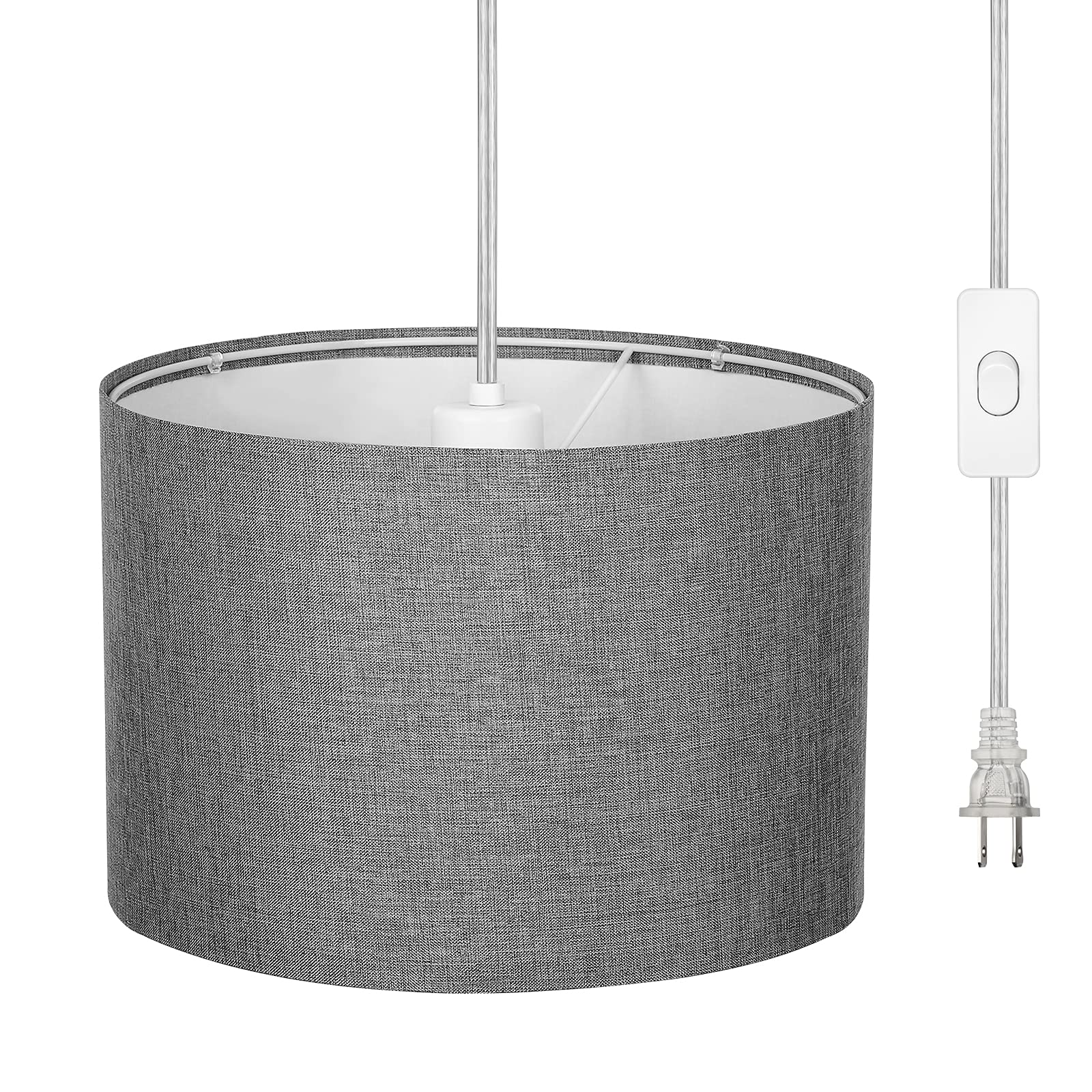 DEWENWILS Plug-in Wall Light with 15ft Clear Cord - Gray Fabric Lampshade Hanging Lamp with On/Off Switch - Perfect for Bedroom, Kitchen, Living Room & Dining Room Lighting Decor