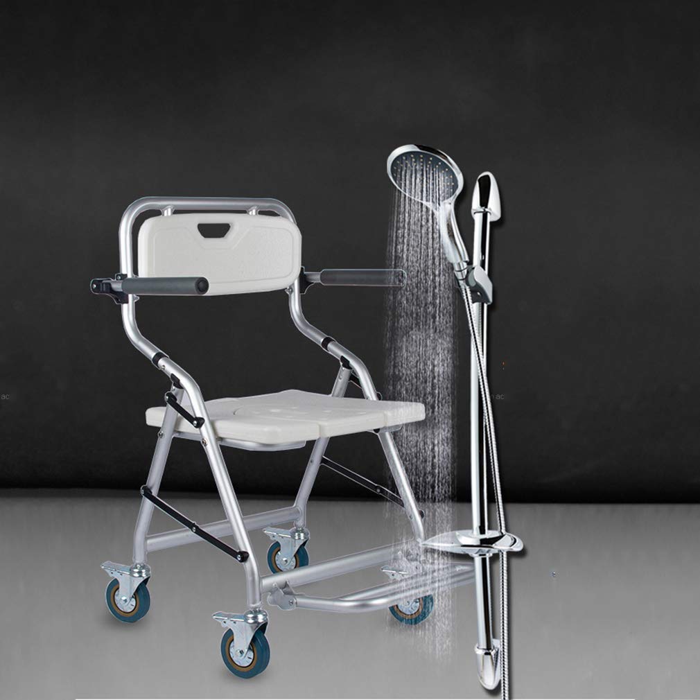 Foldable Mobile Shower Chair with 4-Wheel Brakes (360°) - Adjustable Height 46cm & Width 41cm - Wheelchair & Toilet Chair with Backrest for Elderly & Disabled - Safe Bathroom & Home Care Solution