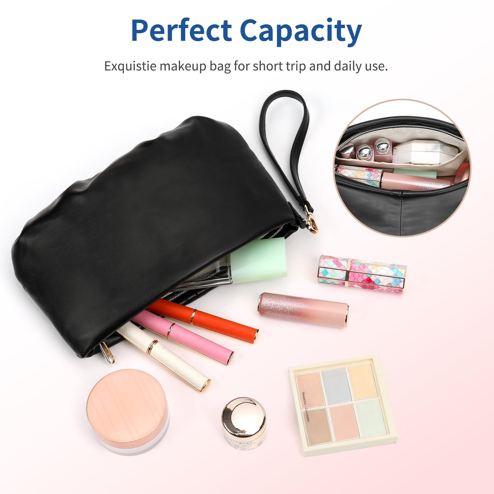 Small Makeup Bag for Women | Waterproof PU Leather Travel Cosmetic Organizer | Portable Cute Makeup Pouch for Cosmetics & Toiletries | Perfect for Travel, Gym & Daily Use (Black)