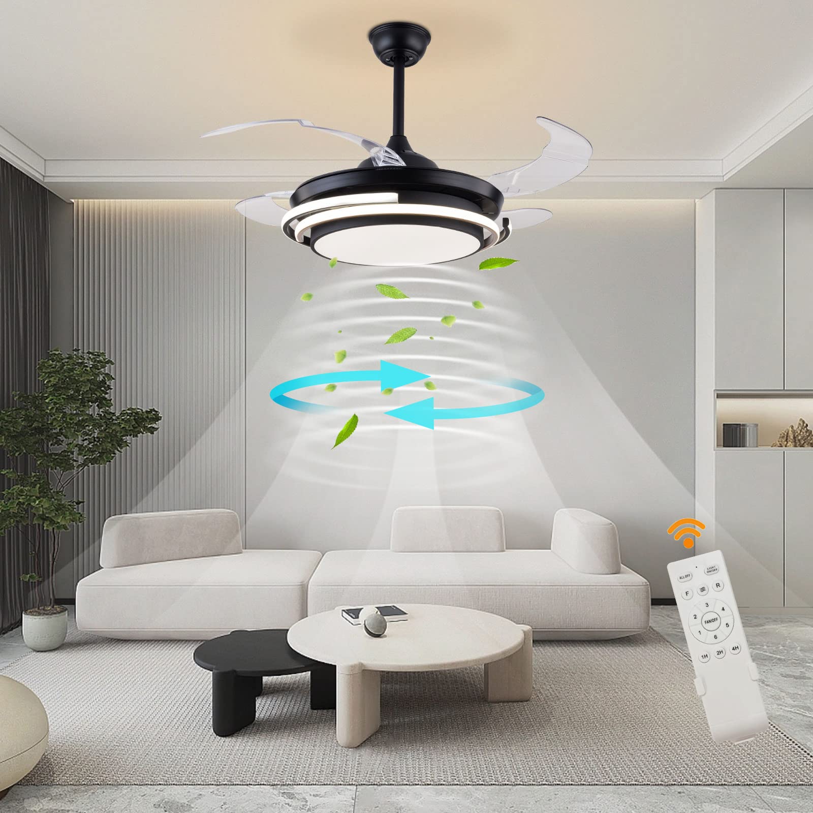 42 Inch Smart Retractable Ceiling Fan with LED Light & Remote - Modern Dimmable Invisible Ceiling Fan, Ultra Quiet for Bedroom, Living Room & Office - Black Energy Efficient Design