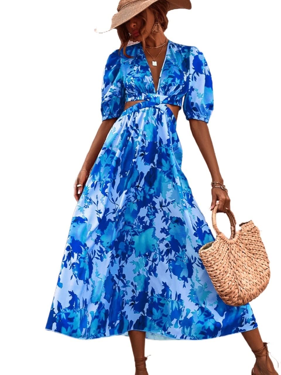 2022 Women's Summer Dresses - Floral Print Puff Sleeve Cut Out Dress | Casual Beach Wear & Vacation Outfit