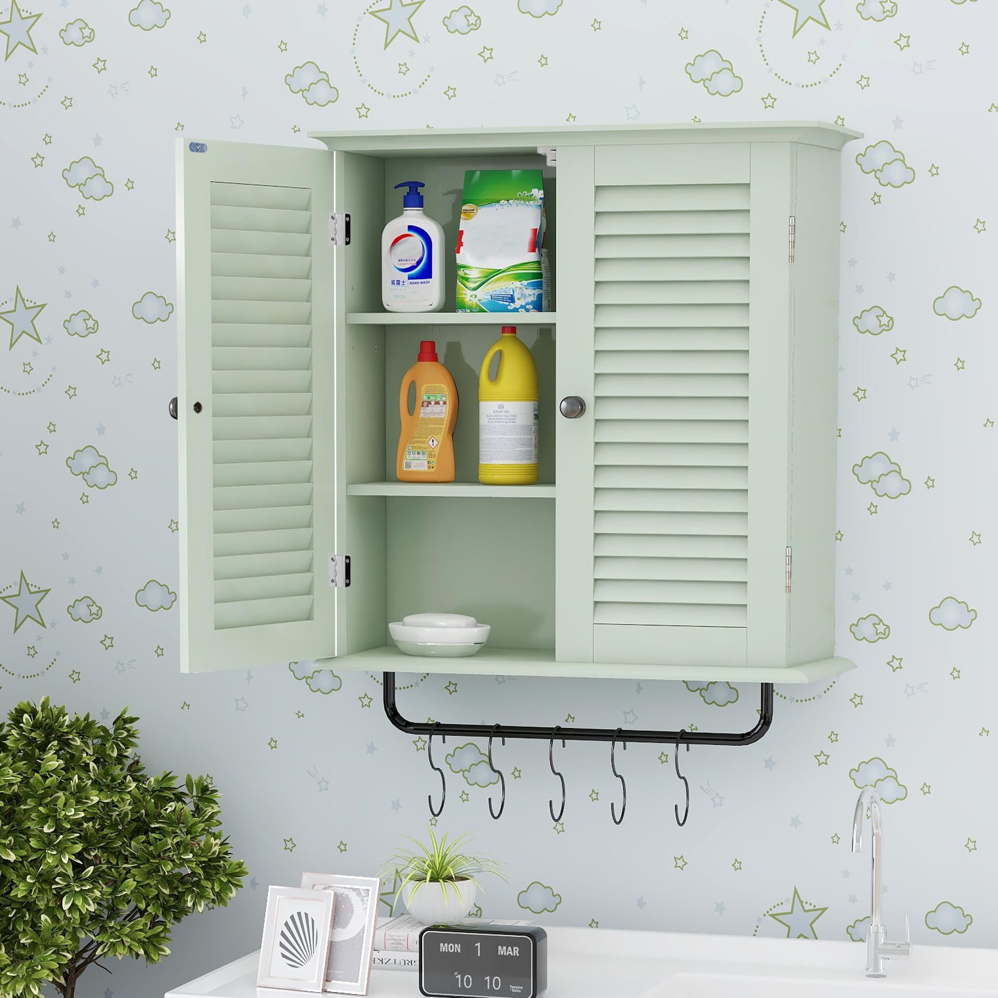 Stylish Green Wall Mounted Bathroom Cabinet with Double Shutter Doors - 3-Tier Adjustable Shelf & Towel Rack - Over The Toilet Storage for Bathroom & Laundry Organization | Perfect for Small Spaces & Modern Home Decor