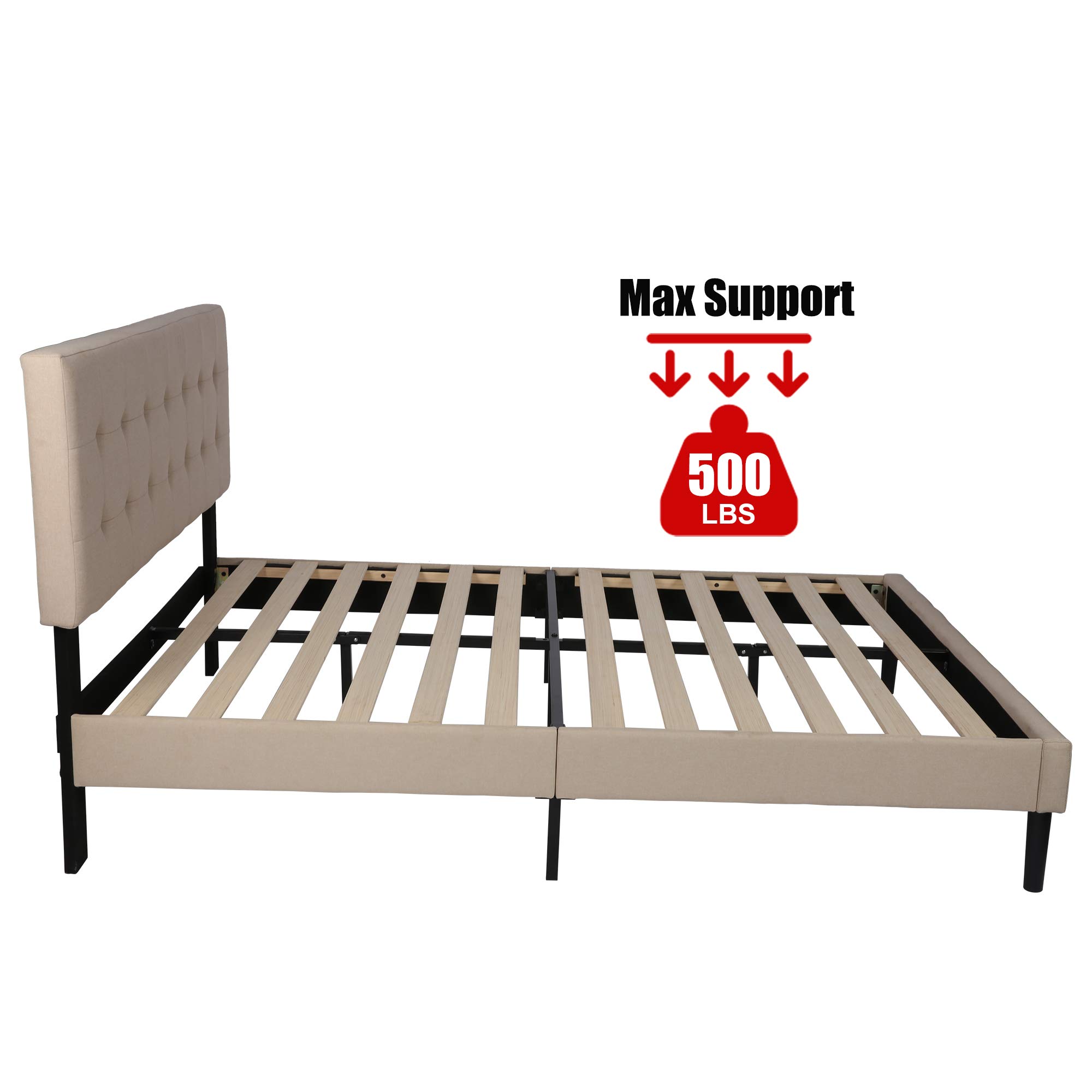 14 Inch Upholstered Platform Bed Frame with Headboard - Full Size Wood Slat Support Mattress Foundation, No Box Spring Needed, Beige Fabric - Perfect for Modern Bedrooms, Guest Rooms & Small Spaces