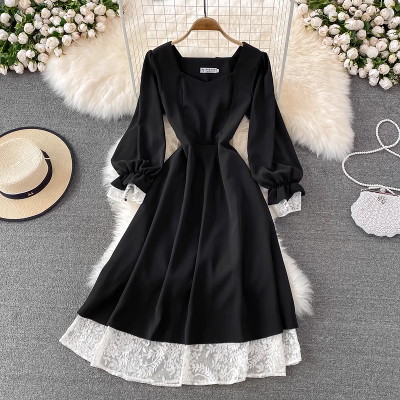 Elegant French Style Knee-Length Black Dress for Women | Spring & Autumn Fashion | Cute & Comfortable | Perfect for Office, Date Night & Casual Outings
