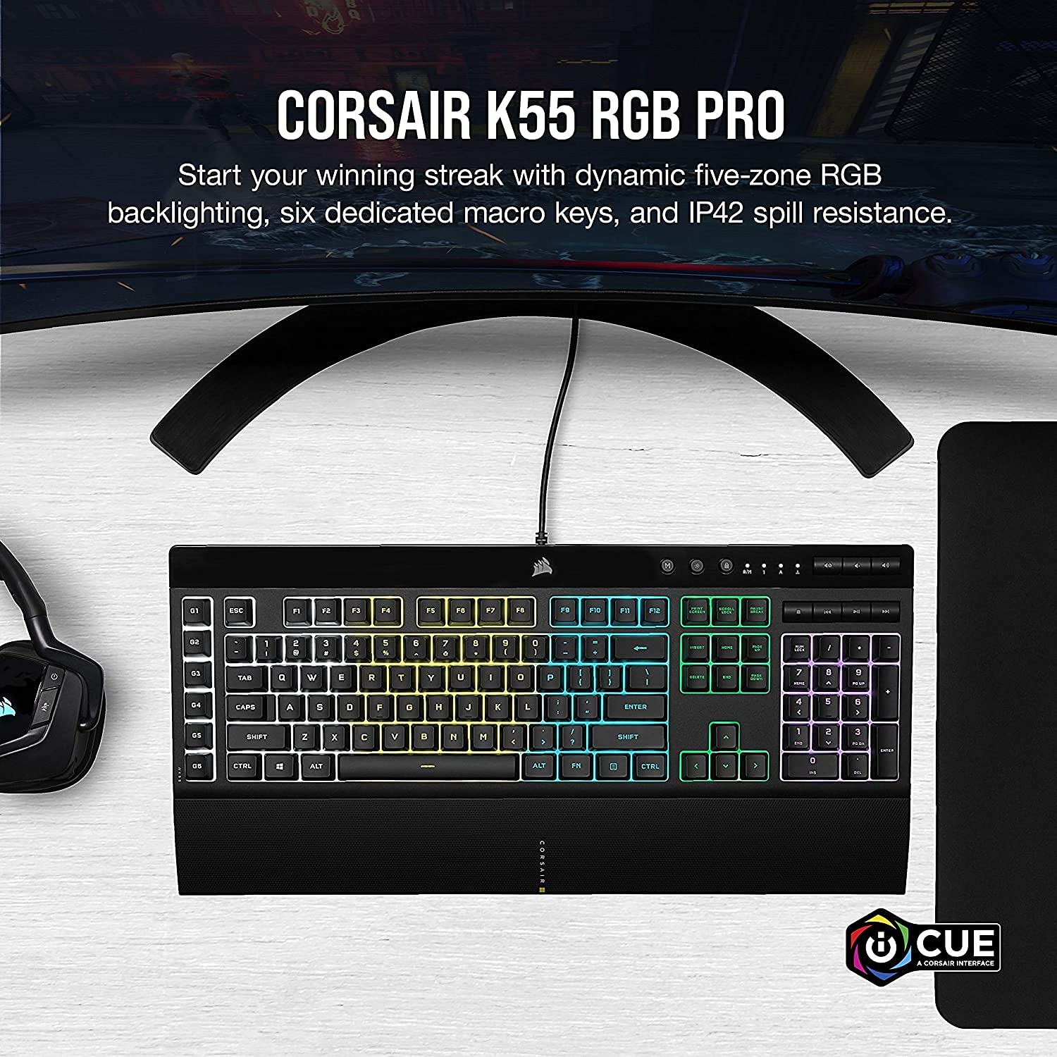 Corsair K55 RGB PRO Wired Gaming Keyboard - Mechanical Feel, RGB Backlit, Spill-Resistant (Renewed) - Perfect for PC Gaming, Streaming & Office Work