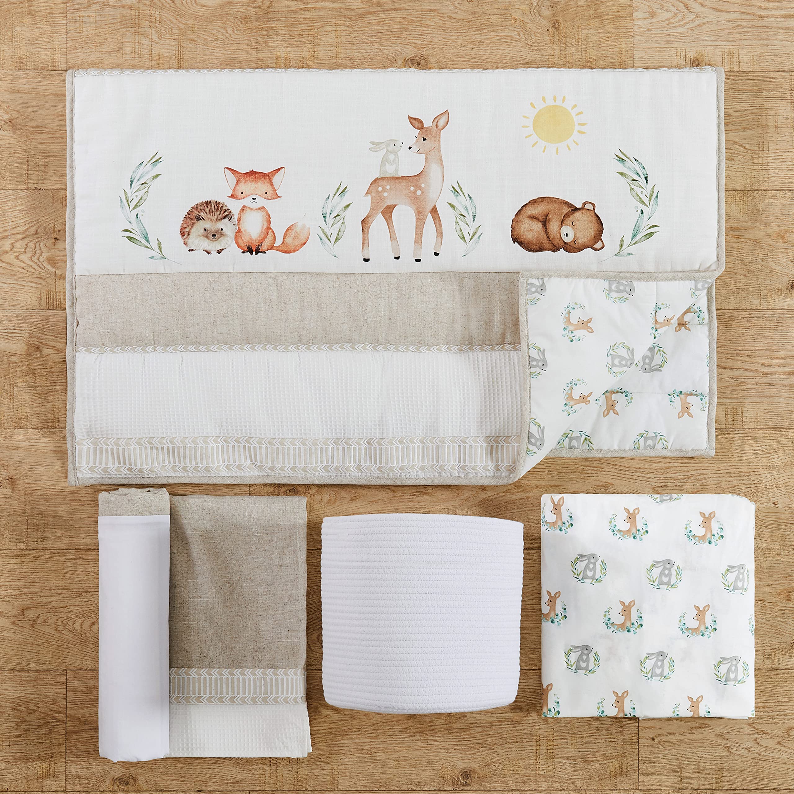 Levtex Baby Woodland Pals 5-Piece Crib Bedding Set - Soft Cream Taupe Brown Green Nursery Collection with Quilt, Fitted Sheet, Wall Decal, Dust Ruffle & Storage Basket - Perfect for Cozy Nursery Decor and Baby Shower Gifts