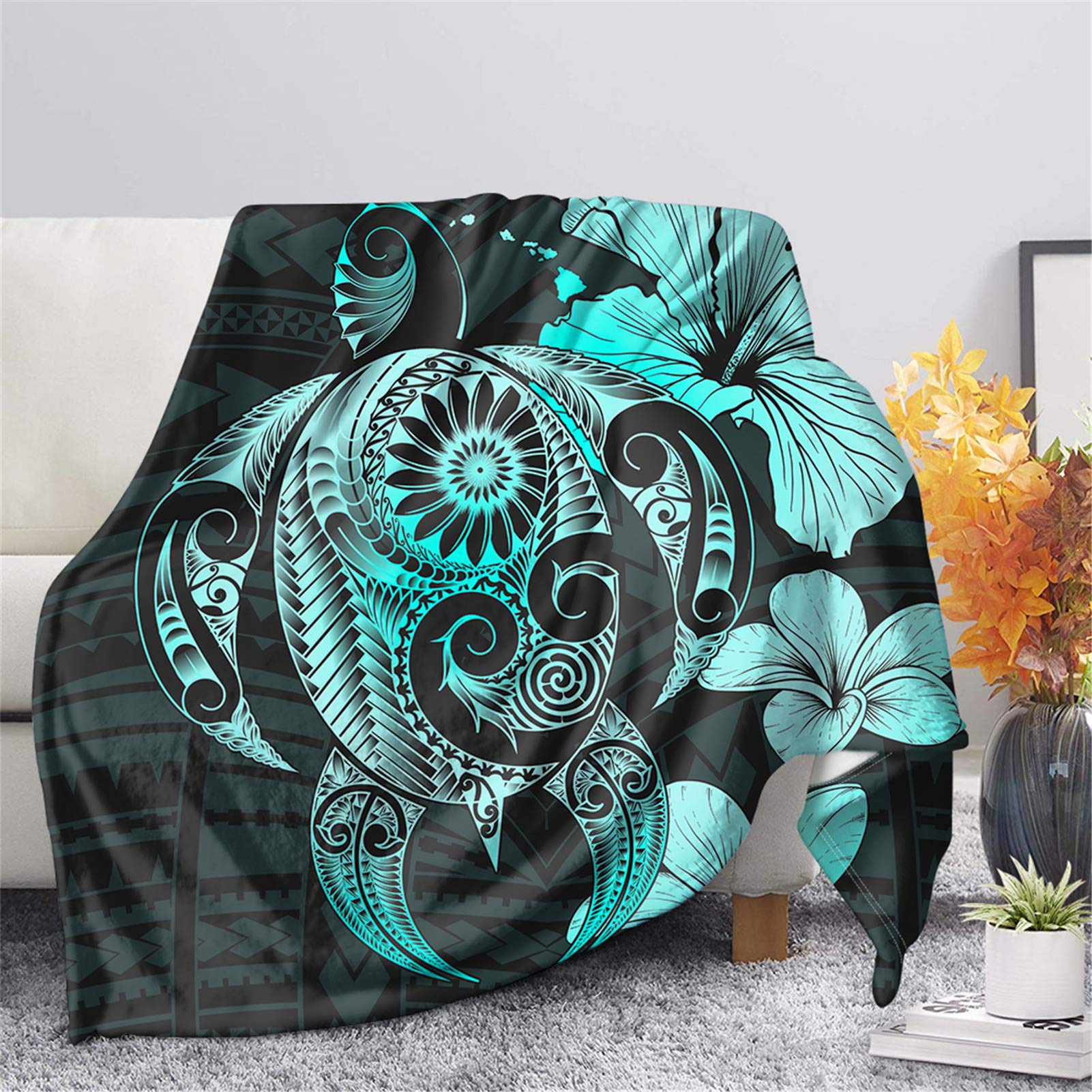 JOAIFO Polynesian Sea Turtle Print Flannel Blanket - Soft, Fluffy Teal Throw with Hibiscus & Plumeria Flowers for Adults & Kids - Perfect for Couch, Bed, Sofa & Underwater Themed Decor
