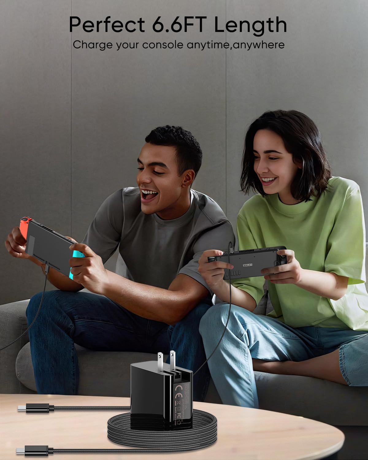 65W USB C Fast Charger for Steam Deck, ROG Ally, Nintendo Switch & More - PD 3.0 Foldable AC Adapter with 6.6FT USB-C Cable - Perfect for Gaming Consoles, Travel & Home Use