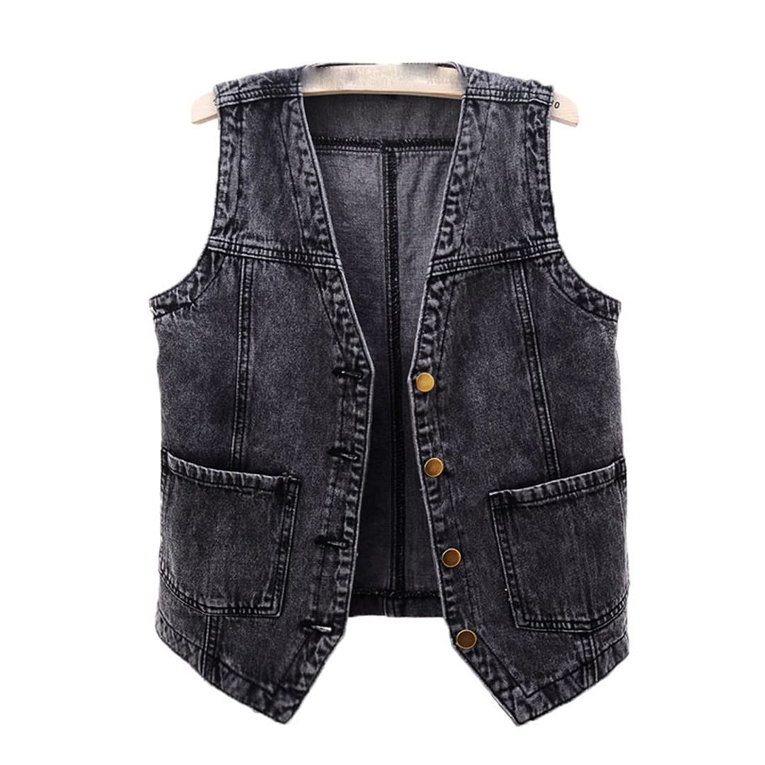 Vintage Black Denim Vest for Women - Big Pocket Sleeveless Waistcoat, Loose Fit Summer Jean Jacket | Casual Outfits, Streetwear & Boho Fashion