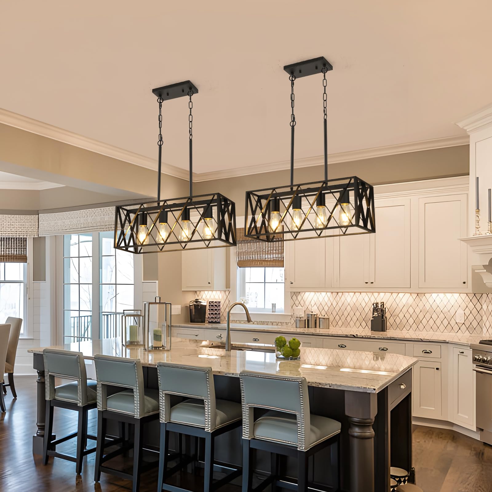 KEESFU Black Farmhouse Kitchen Island Pendant Light - Adjustable Height 4-Light Industrial Fixture for Dining Room, Living Room, Foyer & Over Sink | Perfect for Rustic Home Decor & Modern Farmhouse Style