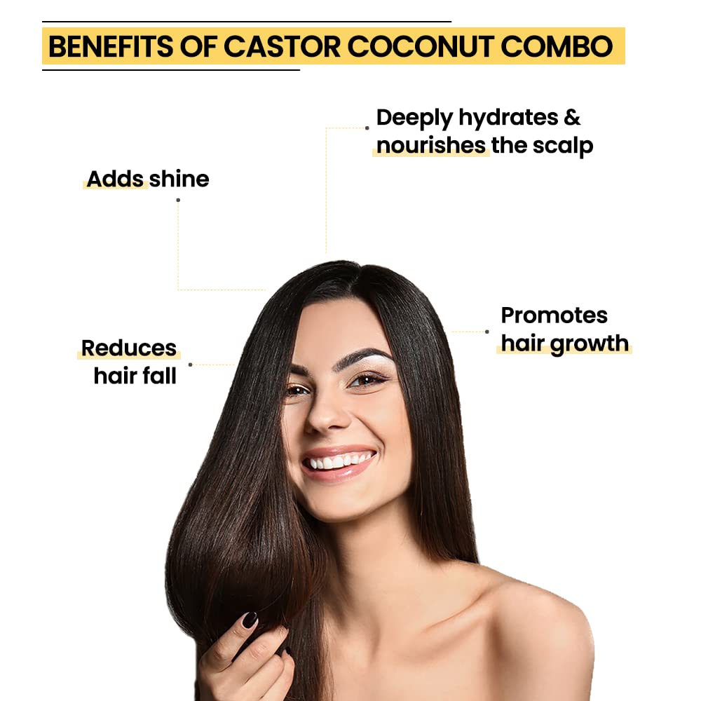 Rey Naturals Cold Pressed Castor & Virgin Coconut Hair Oil - 200ml x 2 | Natural Hair Growth Treatment for Men & Women | Controls Hair Fall, Nourishes Eyebrows & Eyelashes | Hydrates Scalp & Strengthens Nails | Perfect for Daily Hair Care & Styling Routine
