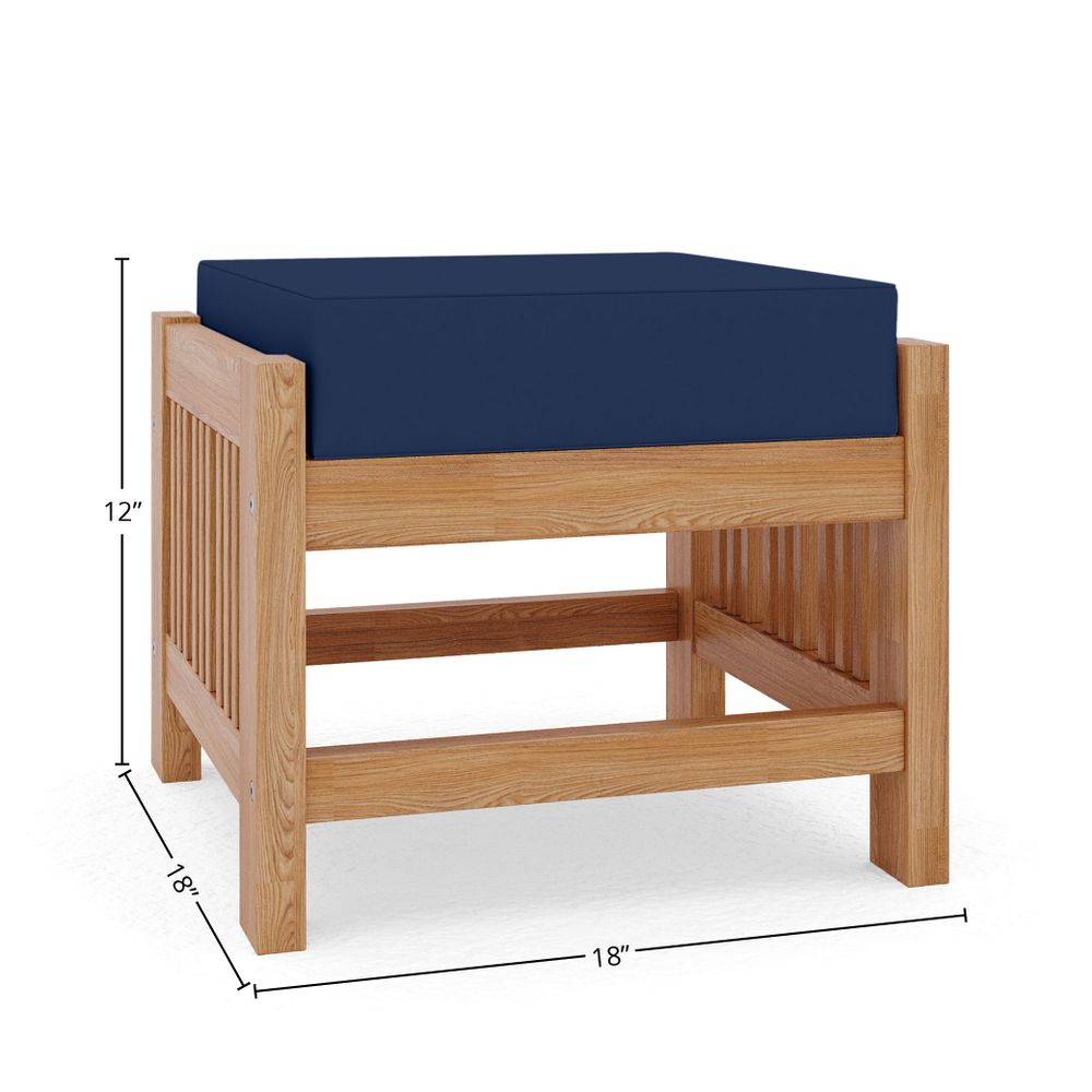 Premium Teak Outdoor Ottoman with Sunbrella Navy Cushion - Waterproof & Durable Patio Furniture for Poolside, Garden, or Deck Relaxation